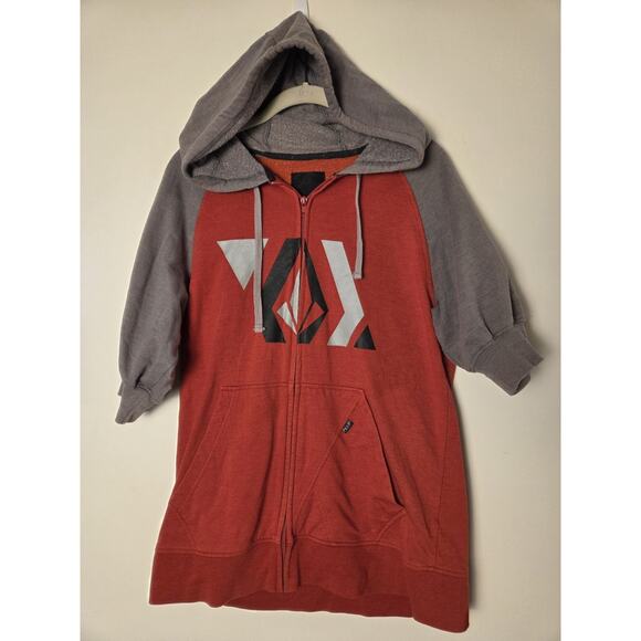 Vtg Volcom Hoodie Womens M Short Puff Sleeve Zip Up Stone Art Red Gray Surf - Picture 1 of 9